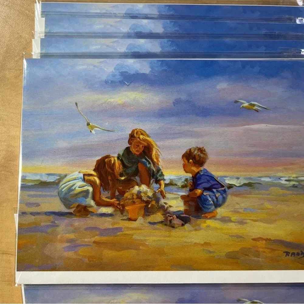 15 artistic blank greeting cards and envelops in sealed plastic, kids on beach
